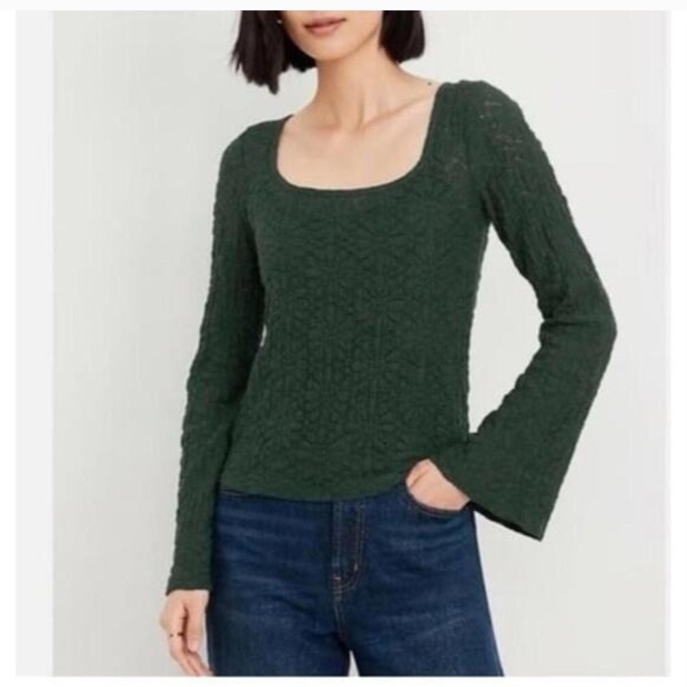 Old Navy Womens Green Textured Floral Lace Square Neck Bell Sleeve Top Large NEW